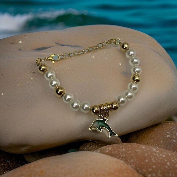 Handmade Costume Fun Gold Plated & Faux Pearl Dolphin Charm Bracelet - Picture 2 of 3